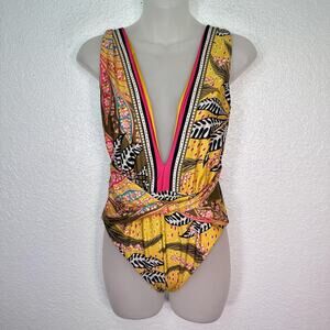 Agua Bendita Swimsuit Womens XL Ellis Lula Plunge Floral Tropical One Piece NEW
